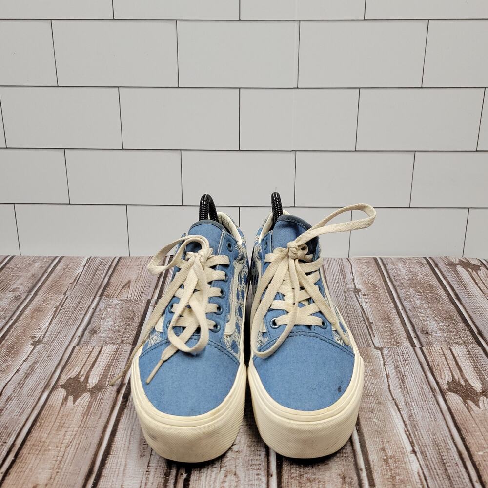 Vans Old Skool Platform Blue Floral Embroidered Shoes Men's 6 Women's 7.5 - Picture 2 of 9